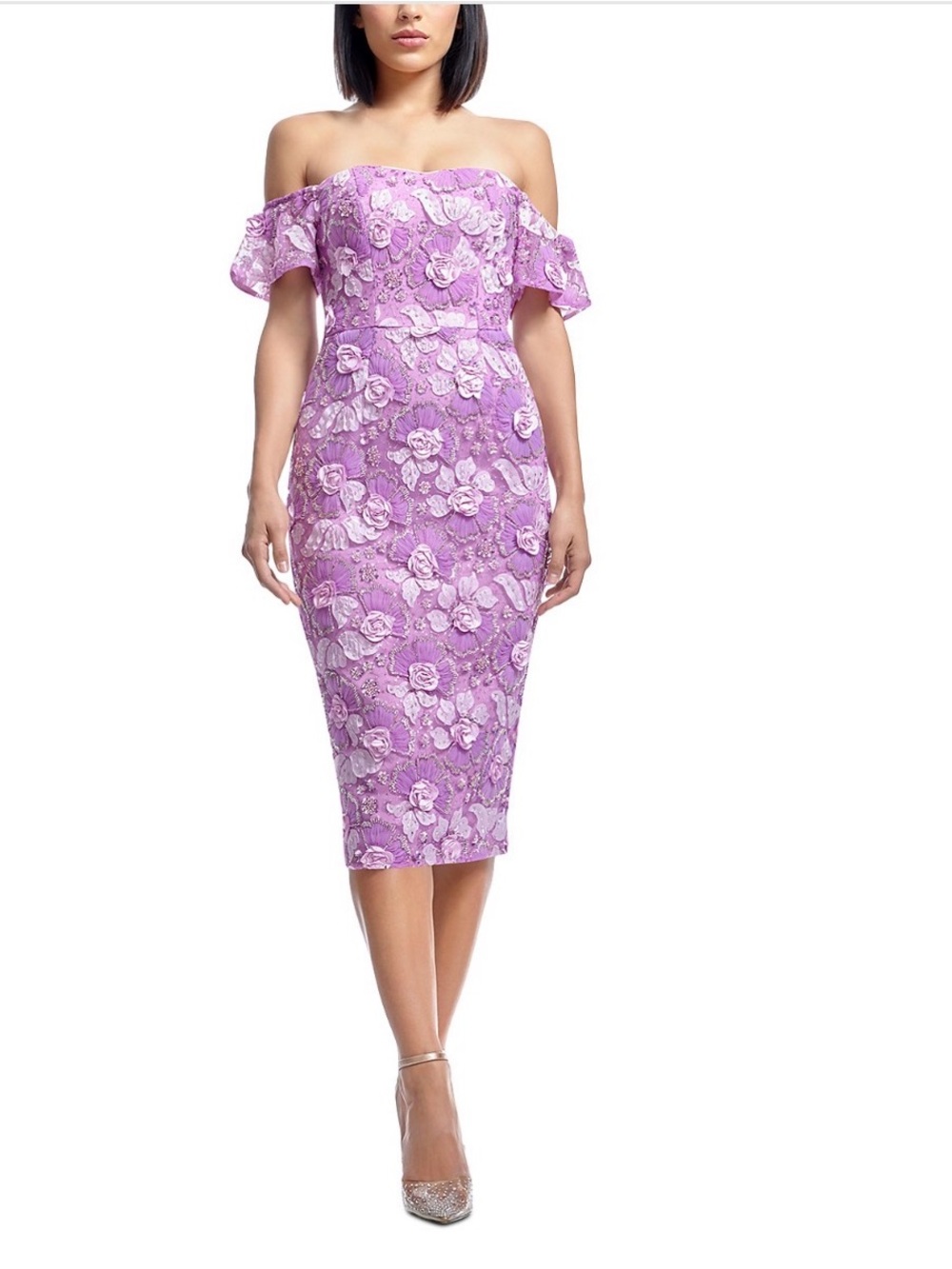 NWT Dress the Population Tara Floral Midi Dress Lavender Multi Off Shoulder XS